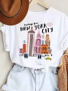 Women's T-Shirt, 100% Cotton, Loose Fit, Y2K Print, Crew Neck - Women's New York City Skyline Graphic T-Shirt - Casual Short Sleeve Top With Statue Of Liberty And Brooklyn Bridge Design, Fall New York City Text, Machine Washable, Summer And Spring T-Shirt, New York T-Shirt, Urban Style, Fun Design, Breathable Material, Printed T-Shirt, For Enthusiasts - Summer Festival Fashion, 180g Adult T-Shirt - 白色 - 查看 9