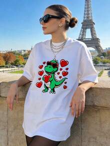 Women's Summer Clothing, Soft And Casual Cotton T-Shirt With Round Neck, Cartoon Green Dinosaur Print With Heart-Shaped Sunglasses. White. - 白色 - 查看 3