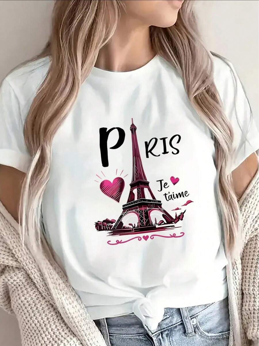 1 Women's Short Sleeve T-Shirt With Paris Eiffel Tower Print, Suitable For Travel, Cafes Or Casual Daily Wear, Lightweight And Durable, Decorated With A Heart Pattern With The Phrase "I Love You", Comfortable Fit For Daily Wear, 180g 100% Cotton. - 白色 - 查看 1