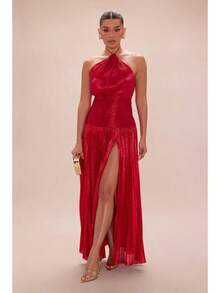 Metallic Pleated Halter Maxi Dress, Ruched Waist With Front Slit, Elegant Evening Gown For Prom & Weddings - Red - View 5