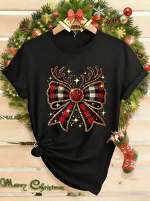 New 2026 Playera con estampado Moderno Navideño, Moño con Cuernos de Venado, ajuste regular cuello redondo manga corta fiesta suave - Negro - Ver 6