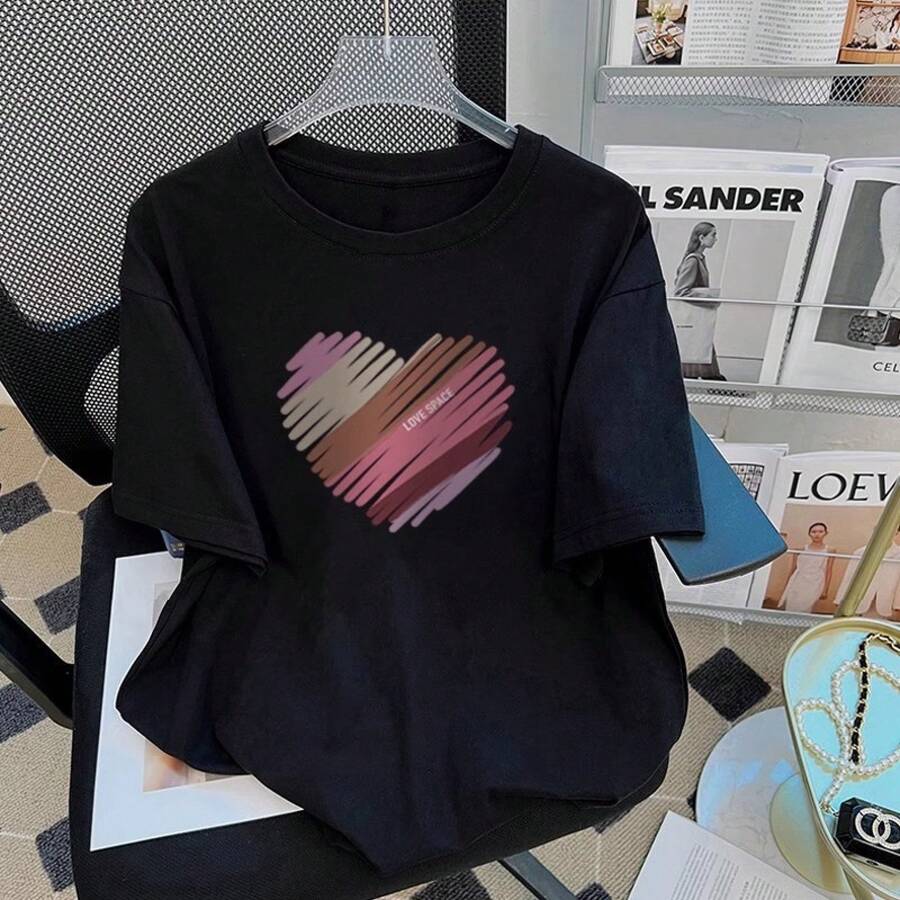 Camiseta con estampado de camisa casual para mujer, manga corta y cuello redondo, moda urbana local de primavera/verano camiseta unisex. RS1E - Negro - Ver 1