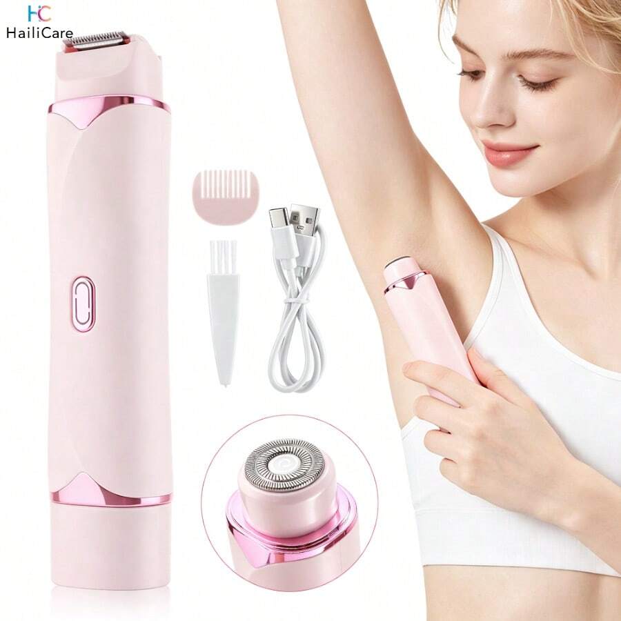 Hailicare 女士双头电动剃毛器,可充电比基尼修剪器,干湿两用身体脱毛器,适用于腋下、腿部、手臂等部位,夏季海滩旅行必备伴侣 - 粉紅色 - 查看 1