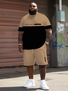 Casual sportset för herrar - "Minimalistisk kontrastfärg BALANCE rutmönster" mönsterdesign, stickad polyesterväv, rund halsringning, shorts med dragsko, fickor, regular fit, lämplig för plus size - Kaki - Visa 1