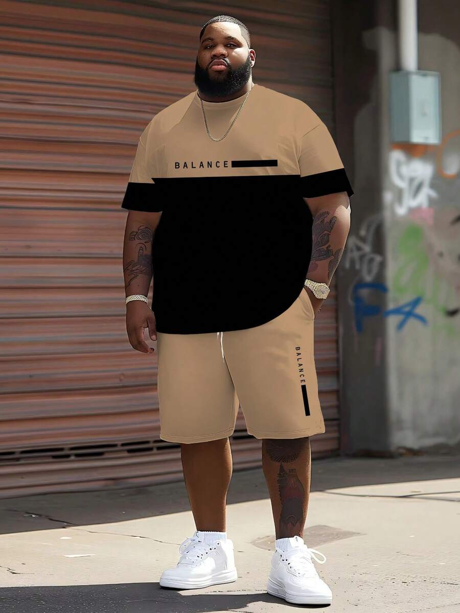 Casual sportset för herrar - "Minimalistisk kontrastfärg BALANCE rutmönster" mönsterdesign, stickad polyesterväv, rund halsringning, shorts med dragsko, fickor, regular fit, lämplig för plus size - Kaki - Visa 1