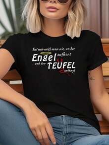Women's T-Shirt With German Angel And Devil Theme - Halo, Horn And Slogan Decoration, Casual Short Sleeve, White-Red, Fun, Bold, For Everyday And Social Wear - 黑色 - 查看 1