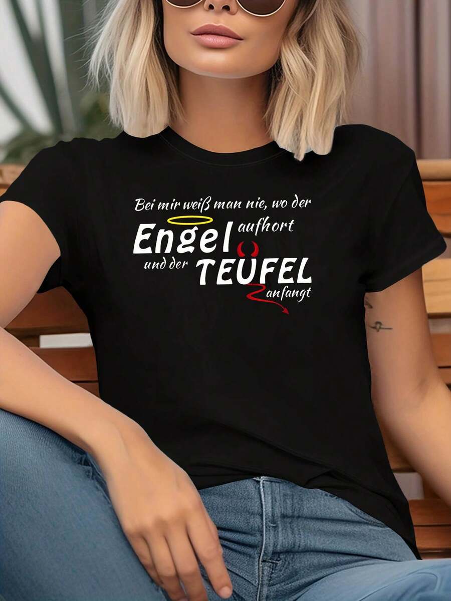 Women's T-Shirt With German Angel And Devil Theme - Halo, Horn And Slogan Decoration, Casual Short Sleeve, White-Red, Fun, Bold, For Everyday And Social Wear - 黑色 - 查看 1