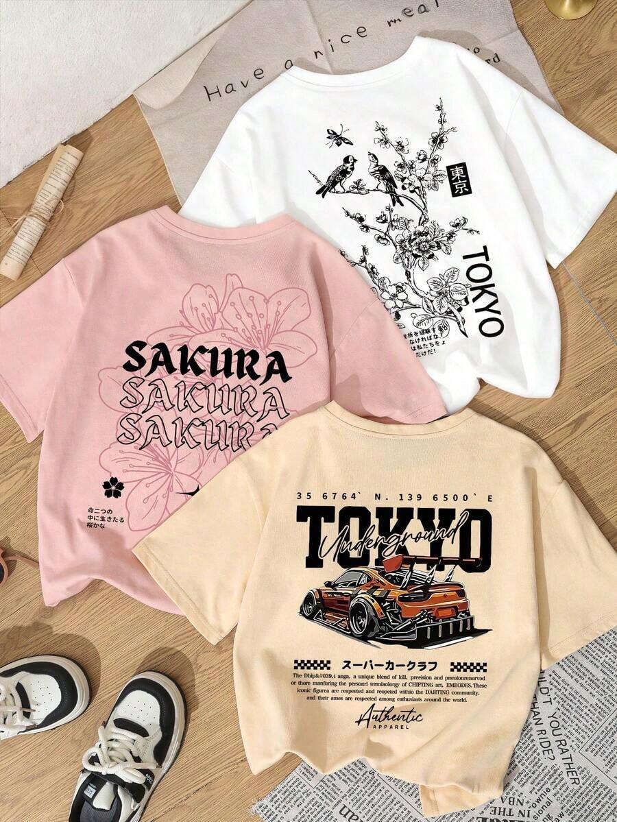 One-Piece Summer Set, New Style, Simple And Fun, With Combination Of Japanese Floral Print And Racing Style, Casual Short-Sleeved Round Neck T-Shirt, Modern And Versatile Women's Top. - White - View 1