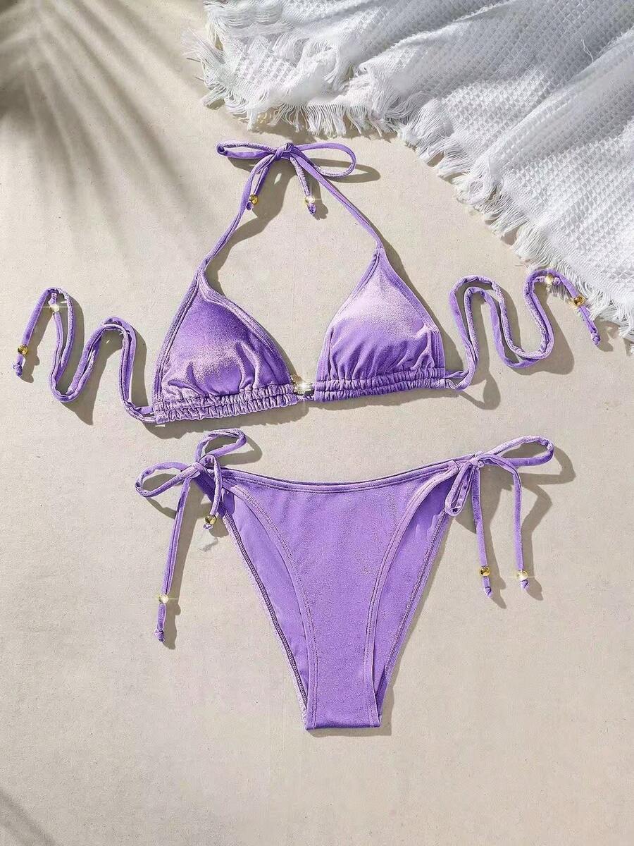 Traje de baño bikini para mujer con cuentas metálicas, de alta calidad, traje de baño de dos piezas en color sólido. - Morado - Ver 1