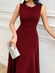 Vestido largo sin mangas de unicolor que ciñe la cintura para mujer - Burdeos - Ver 6