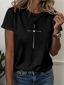 Women's & Men's Casual Sports T-Shirt, Round Neck T-Shirt, Simple Artistic T-Shirt With Cross And Heart Design, Artistic Aesthetic For Women's Daily Wear, Comfortable For All Seasons, Short Sleeve Top - 黑色 - 查看 7