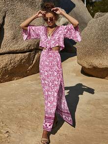 Vestido de mujer color azul con estampado floral tropical, escote en V profundo, manga media con cinturón, falda larga con abertura lateral, tejido ligero ideal para verano, estilo boho playero perfecto para vacaciones, fiestas en la playa y festivales - Rosa - Ver 2