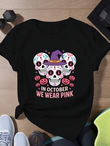 Camiseta Deportiva de Manga Corta para Mujer, Talla Grande, con Diseño de Calavera de Azúcar - Negro - Ver 1