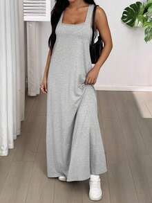 Vestido casual de verano para mujer de unicolor con cuello asimétrico y sin mangas - Gris - Ver 6