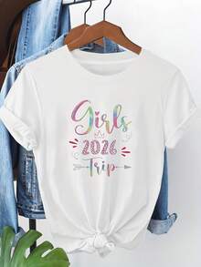 Camiseta de moda para mujer de corte regular con estampado de texto "Trip", camiseta de manga corta con cuello redondo para primavera/verano, adecuada para compras informales, regalos de vacaciones, reuniones con amigos y ropa de vacaciones. Atuendo casual diario de verano. - Blanco - Ver 1
