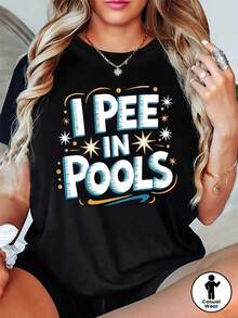 La broma de orinarse en la piscina. Camiseta de mujer con cuello redondo, estampado casual de moda "I PEE IN POOLS". Top cómodo y versátil de manga corta. - Negro - Ver 8