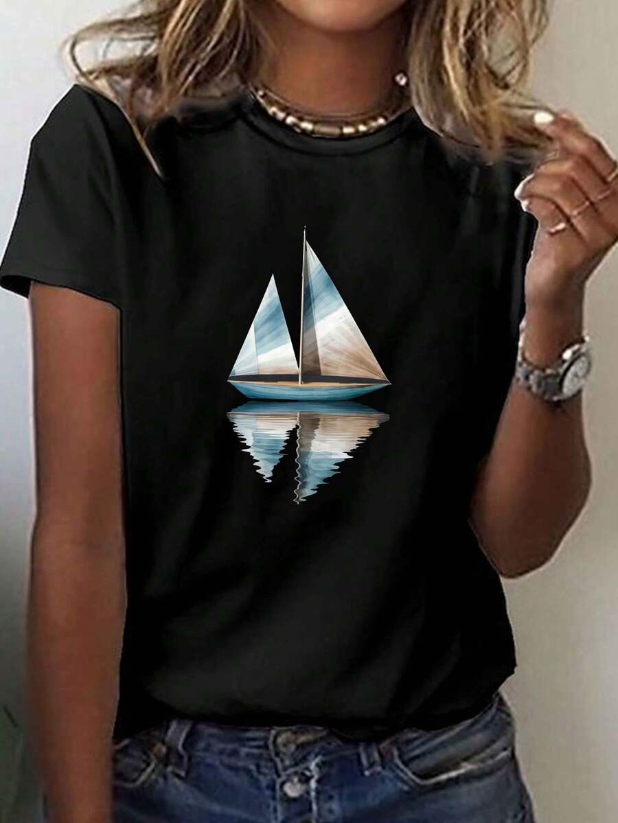 Camiseta con Estampado de Velero y Reflejo Ondulado, Manga Corta y Cuello Redondo, Top Casual para Verano y Primavera, Ropa de Mujer - Negro - Ver 1