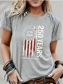 250th Anniversary T-Shirt With American Flag 1776-2026 250 Years Women's Regular Short Sleeve - Fun Cartoon Print, Round Neck Casual Versatile - Machine Washable, Fashionable Women's Clothing, Comfortable And Breathable Fabric, Simple And Clean Style, Everyday Versatile 100% Cotton - Xám - Xem 1