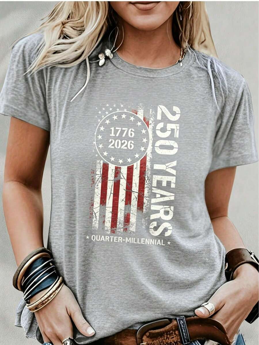 250th Anniversary T-Shirt With American Flag 1776-2026 250 Years Women's Regular Short Sleeve - Fun Cartoon Print, Round Neck Casual Versatile - Machine Washable, Fashionable Women's Clothing, Comfortable And Breathable Fabric, Simple And Clean Style, Everyday Versatile 100% Cotton - Xám - Xem 1