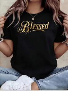 Camiseta de Lujo para Mujer con la Letra "Blessed" en Relieve, Corte Holgado, Cuello Redondo, Manga Corta, Suave, Amigable con la Piel, Transpirable, Duradera. |   Diseño minimalista |   Impresión de alta definición con estampado dorado, estilo religioso de gratitud, adecuada para el transporte diario, regalos navideños y uso multiusos. NEIA - Negro - Ver 7