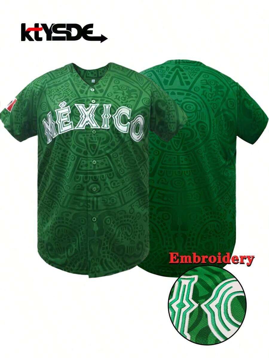 2026 KTYSDE Camiseta de béisbol unisex de México, diseño bordado de letras de México, cardigan holgado de manga corta con cuello en V y botones, adecuado para deportes y estilo casual de calle, fiesta con temática de cultura latina, primavera - Verde - Ver 1