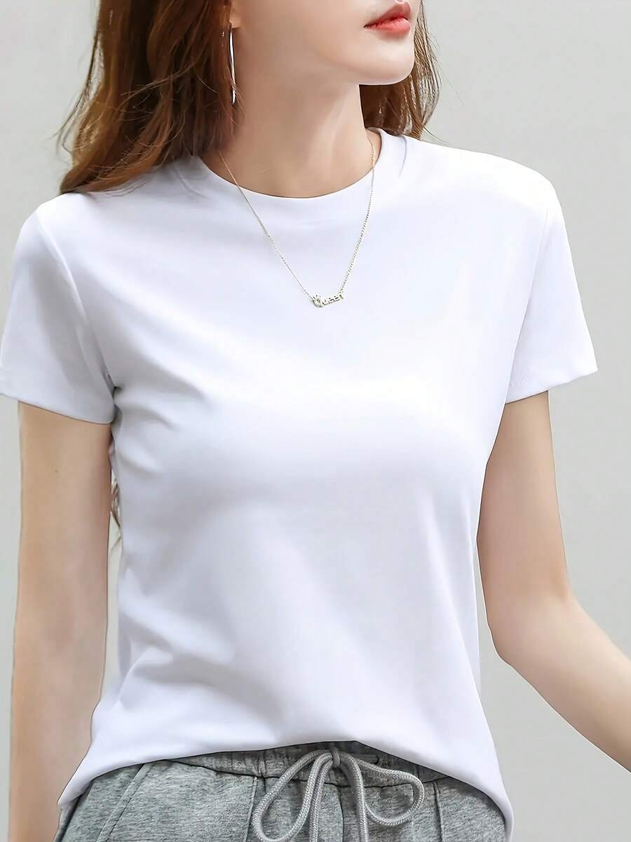 Camiseta de Moda para Mujer, de Color Sólido, Cuello Redondo, Manga Corta, Cómoda, de Algodón Estampado, Corte Holgado IEZS - Blanco - Ver 1