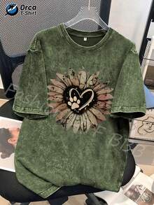 Camiseta con estampado de huella de pata de girasol y corazón de mascota, camiseta de marca de moda vintage de algodón batik de alta calidad, camiseta de mujer, camiseta de primavera y otoño para mujer, regalo para el Día de San Patricio, regalo de Pascua, regalo de vacaciones, 180g 100% algodón. - Gris - Ver 6