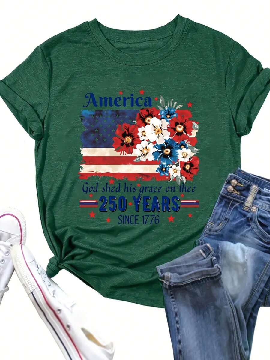 A Gift From God To You, 250th Anniversary Of US Independence 1776, Women's Crew Neck T-Shirt, American Flag Floral Design, For Independence Day Celebration, Comfortable And Soft - 綠色 - 查看 1