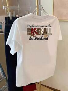 Camisetas de manga corta de talla grande para mujer, ideales para el verano y el uso diario, camisetas básicas para mujer, con estampado de corazón de béisbol y cancha en la parte delantera y trasera, mangas cortas a la moda, diseño único de doble cara, ropa casual para mujer - camiseta casual de cuello redondo, ajuste cómodo, adecuada para actividades casuales y deportivas, transpirable y cómoda. - Blanco - Ver 2
