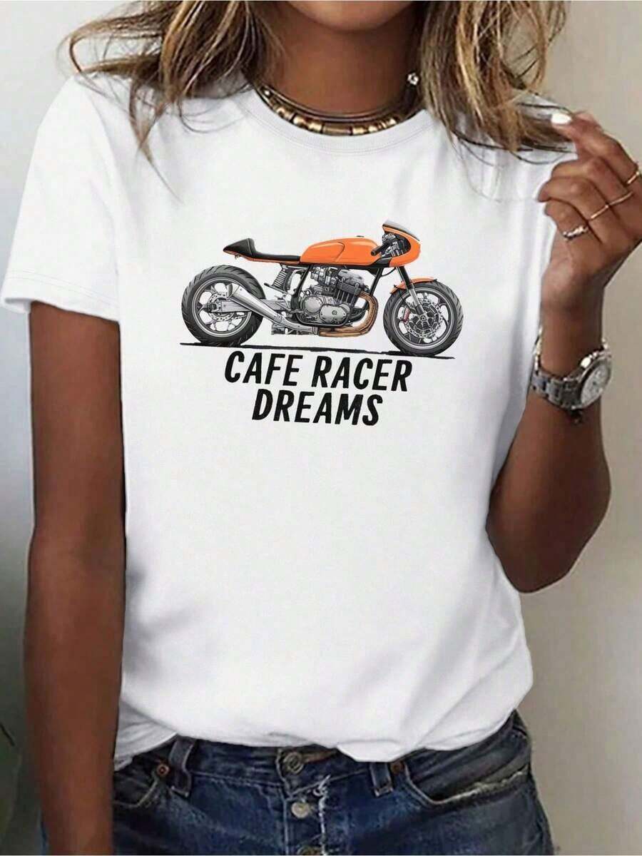 LooseCoffee Knight Dream Motorcycle Pattern T-Shirt, Unisex, Comfortable Fit, g Weight, Round Neck Design,, Pure Cotton, Summer Tops For Women, Round Neck, Soft,, Slim Fit, Fitted, Casual, S - Blanco - Ver 1