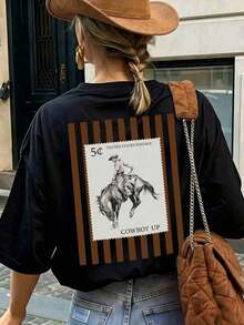 Camiseta de Mujer Estilo Vaquero Occidental, Camiseta para Vacaciones, Camiseta de Verano para Mujer, Camiseta Casual de Manga Corta con Cuello Redondo, Negra - Negro - Ver 3