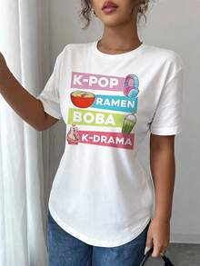 Camiseta de Mujer K-Pop K-Drama - Estampados de Ramen y Bubble Tea, Logos de Dramas y Grupos Coreanos, Cuello Redondo Manga Corta para Verano y Primavera, Ropa Cómoda y Casual para Fans, Ideal para Eventos y Outfits de K-Drama - [Blanco] - Ver 2
