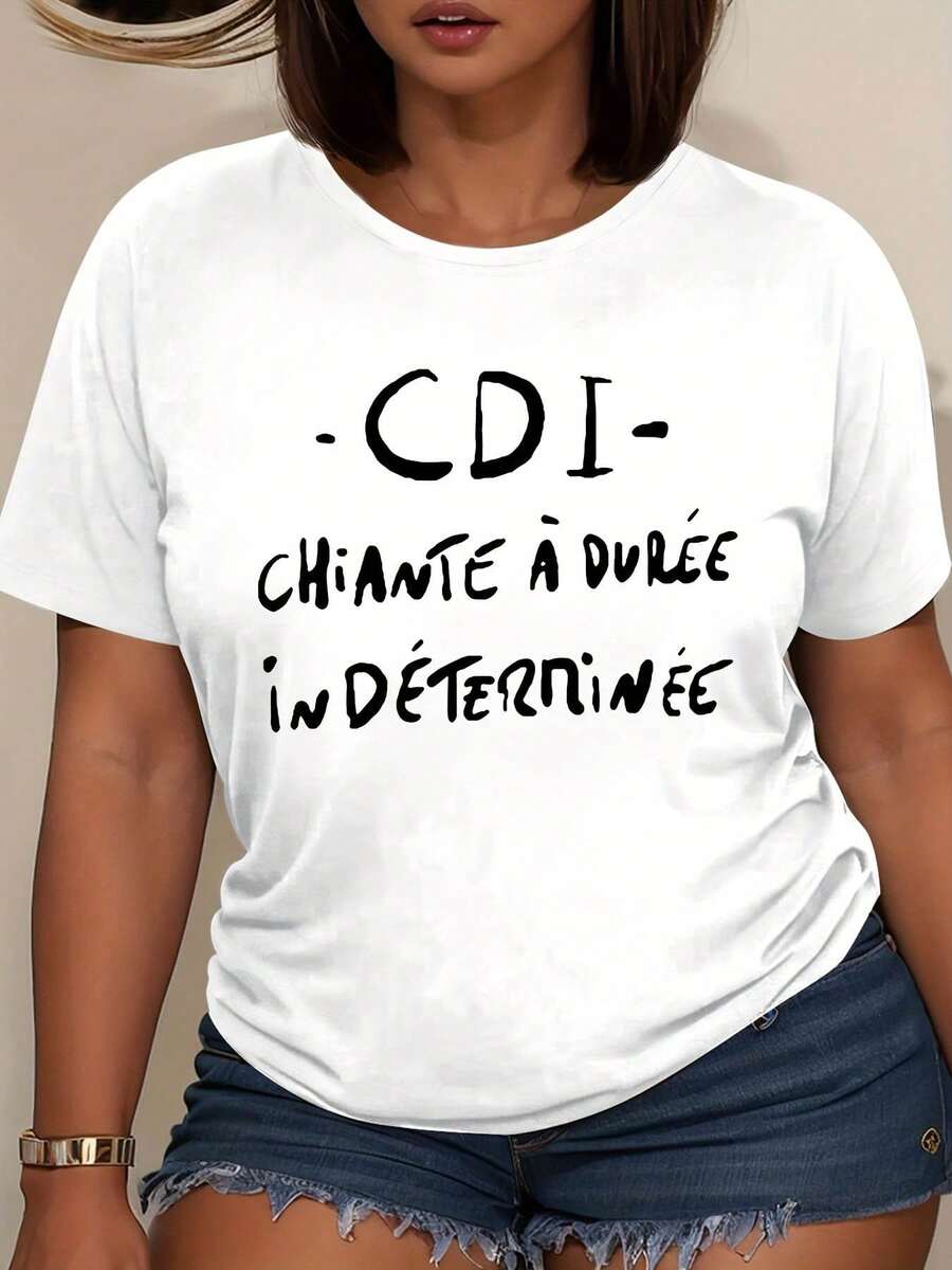 Talla grande, camiseta para mujer con estampado de letras CDI CHiANTE A DUREE iN DETERMiNEE, manga corta, cuello redondo, top casual para verano y primavera, ropa de mujer - Negro - Ver 1