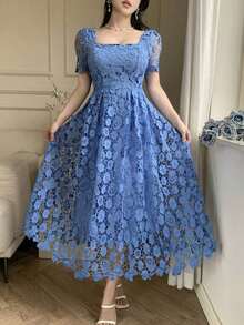 Vestido largo de mujer de estilo francés con cintura alta, manga corta y encaje calado, vestido de invitada de boda, vestido de cóctel de mujer - Azul - Ver 7