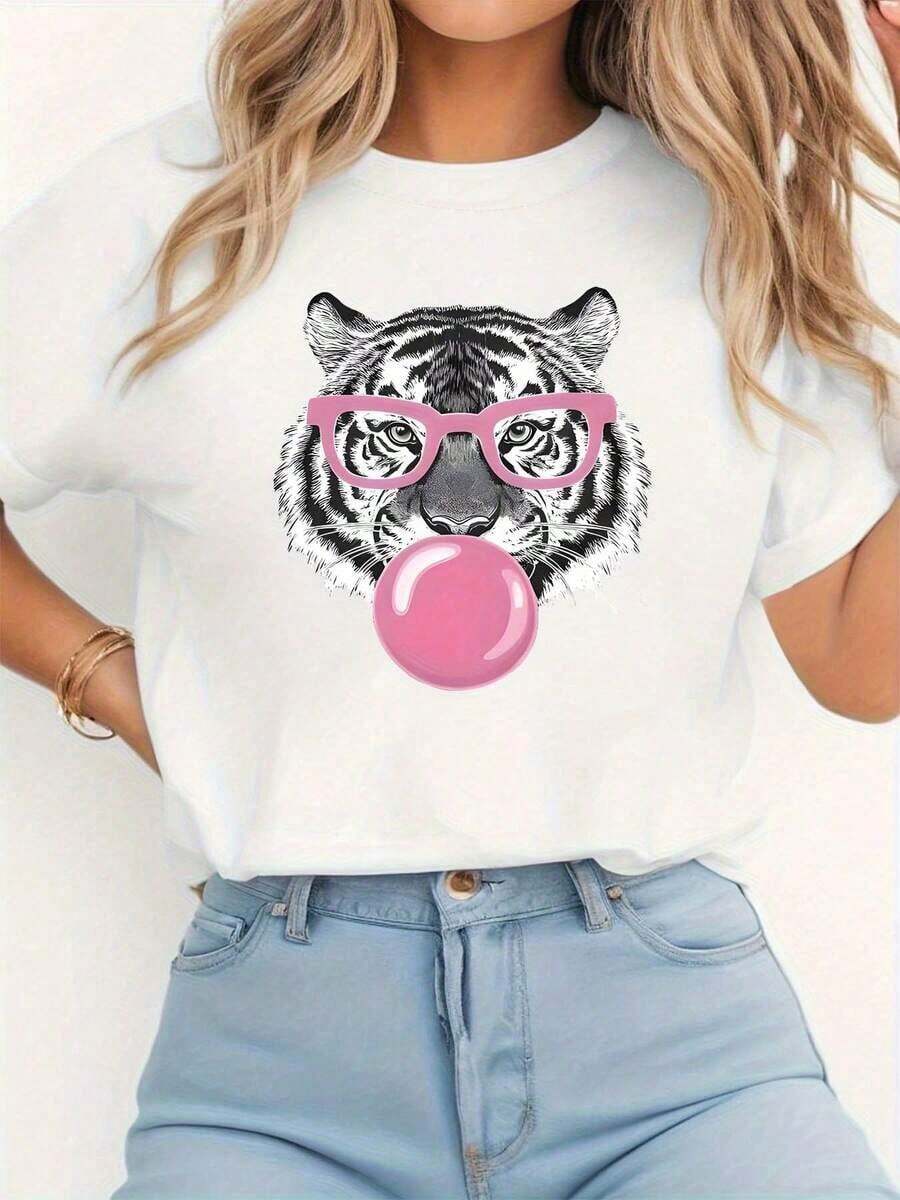Under The RadarCamiseta de manga corta con cuello redondo y estampado de globos de tigre para mujer, estilo casual y deportivo.-Vintage Street Style Unisex Loose Cotton Short Sleeve Crew Neck T-Shirt - Blanco - Ver 1