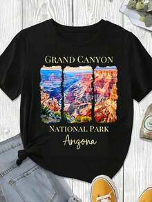 Elegante y casual para mujer, manga corta, camiseta de Gran Cañón, Parque Nacional de Arizona, recuerdo de viaje de vacaciones de verano, ropa casual blanca para mujer, atuendo de primavera-verano. - Negro - Ver 3