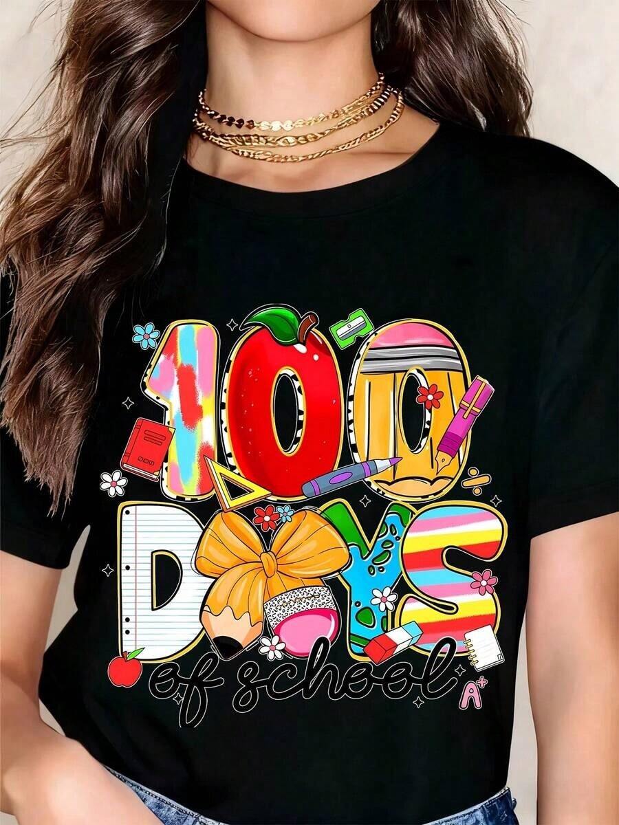 Camiseta Vintage para Mujer con Diseño Gráfico de 100 Días de Escuela, Lápiz Apple, Cuaderno, Crayón, Temática de Material Escolar, Estampado Divertido y Educativo para Maestros y Estudiantes, para Eventos de Celebración. - Negro - Ver 1