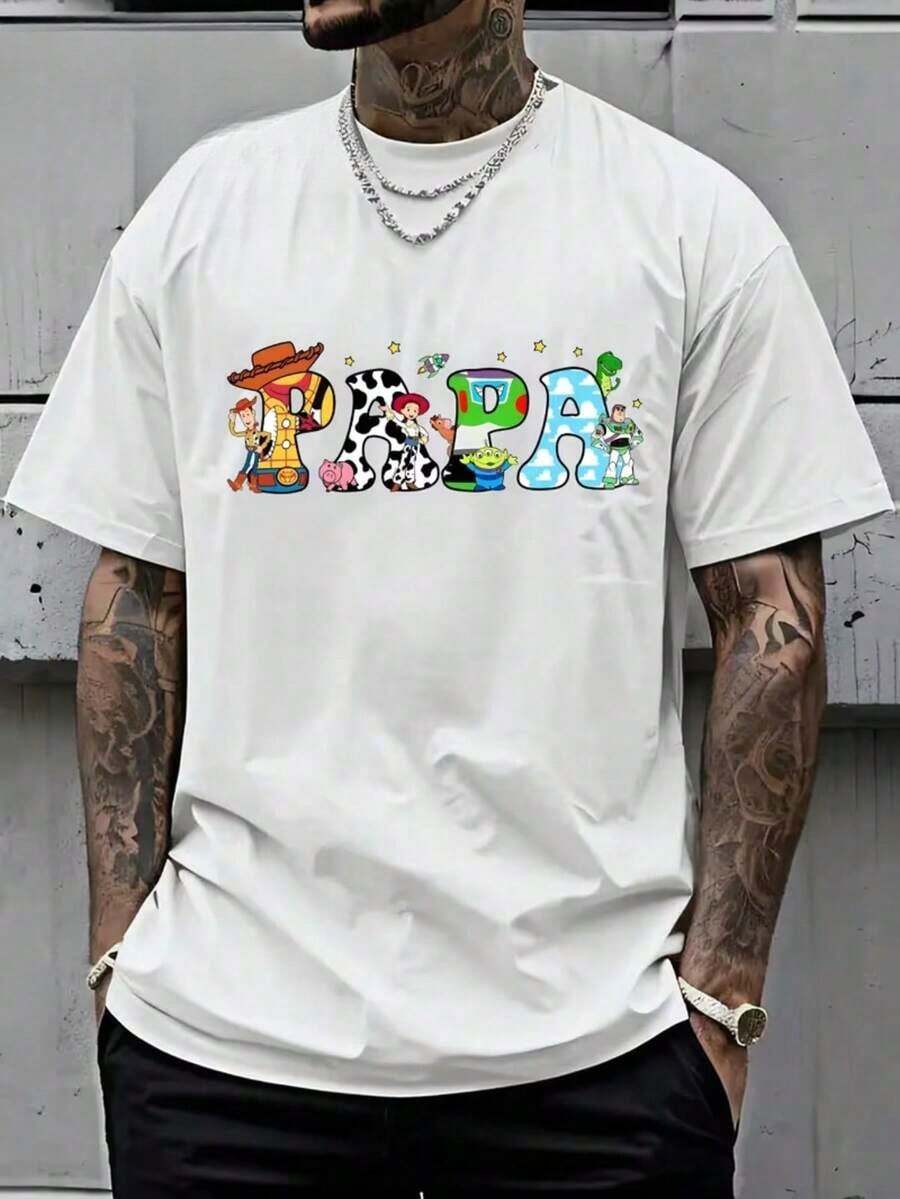 Camiseta de manga corta para hombre de  con estampado 'PAPA' integrado con personajes de la película . Perfecta para primavera y verano, esta versátil camiseta es lavable a máquina y está disponible en múltiples colores - Camiseta unisex de algodón suelto de manga corta y cuello redondo estilo vintage urbano. blusas.blusas casuales para dama. - Blanco - Ver 1