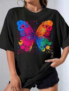 Women's Black And White T-Shirt, Oversized White T-Shirt With Colorful Butterfly And Flower Print, Casual Summer Clothes For Outdoor Parties, 180g Casual Printed T-Shirt - 黑色 - 查看 7