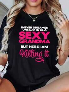 Camiseta Casual de Cuello Redondo para Mujer con Estampado de Letras "SEXY" en Rosa Intenso - Manga Corta, Corte Regular, Diseño de Bloques de Color, Comodidad para Todas las Temporadas, Camisetas para Damas - Negro - Ver 7