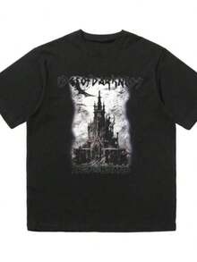 Dark Retro Castle Printed Short-sleeved T-shirt American Fashion Brand Cotton Round Neck High Street Comfortable Short Sleevesblusas para mujer playeras de mujer vestidos casuales para mujer y2k playeras deportivas para mujer verano camisetas ropa de mujer Fashion Perfect For Daily - Negro - Ver 1