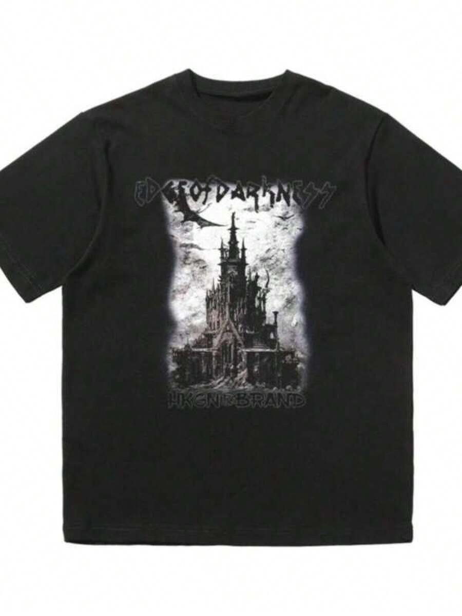 Dark Retro Castle Printed Short-sleeved T-shirt American Fashion Brand Cotton Round Neck High Street Comfortable Short Sleevesblusas para mujer playeras de mujer vestidos casuales para mujer y2k playeras deportivas para mujer verano camisetas ropa de mujer Fashion Perfect For Daily - Negro - Ver 1