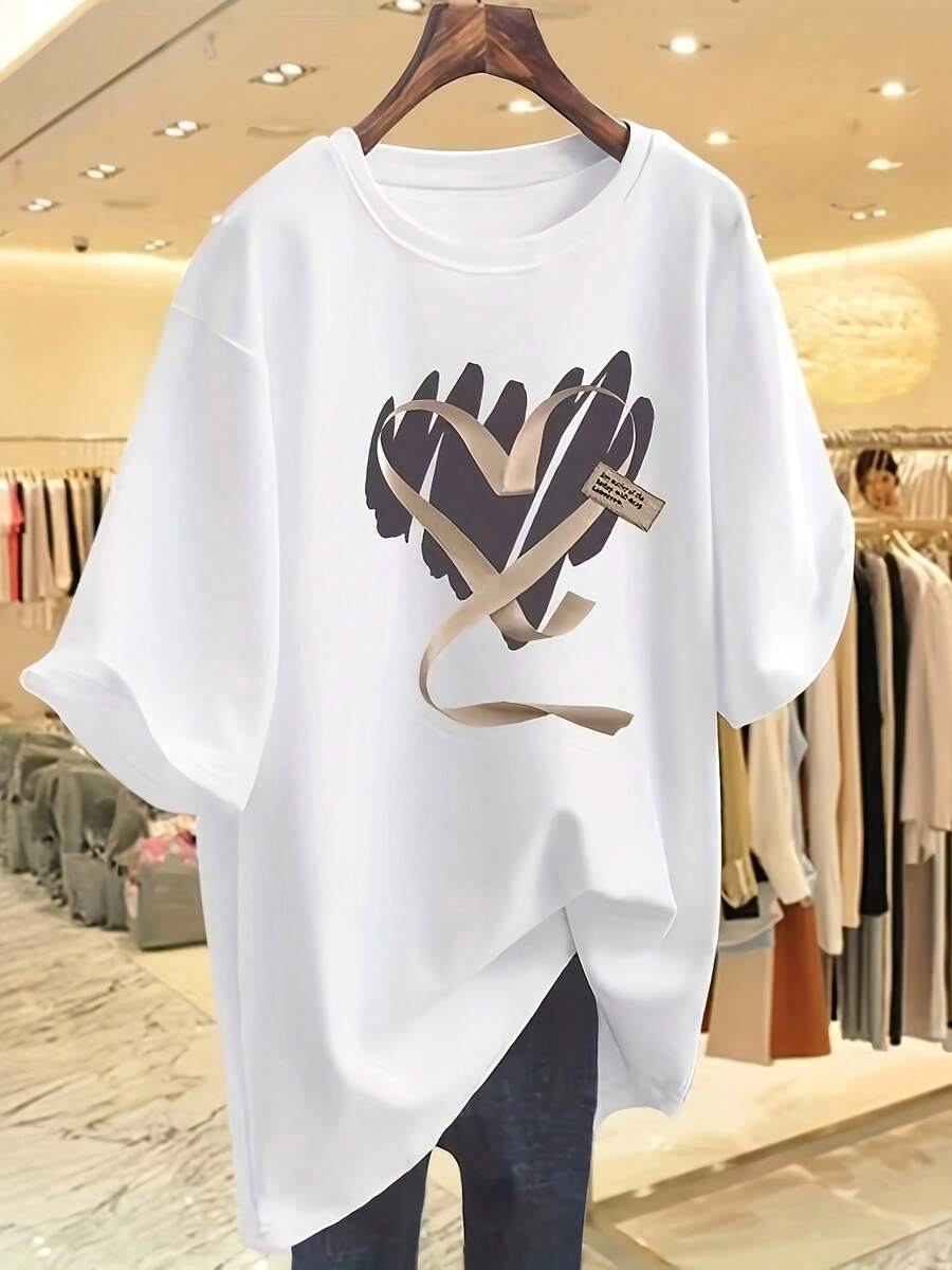 Limited Edition, Women's 100% Pure Cotton Short Sleeve T-Shirt, Loose And Casual Summer Style, Versatile, With Love Print, Lightweight - 白色 - 查看 1