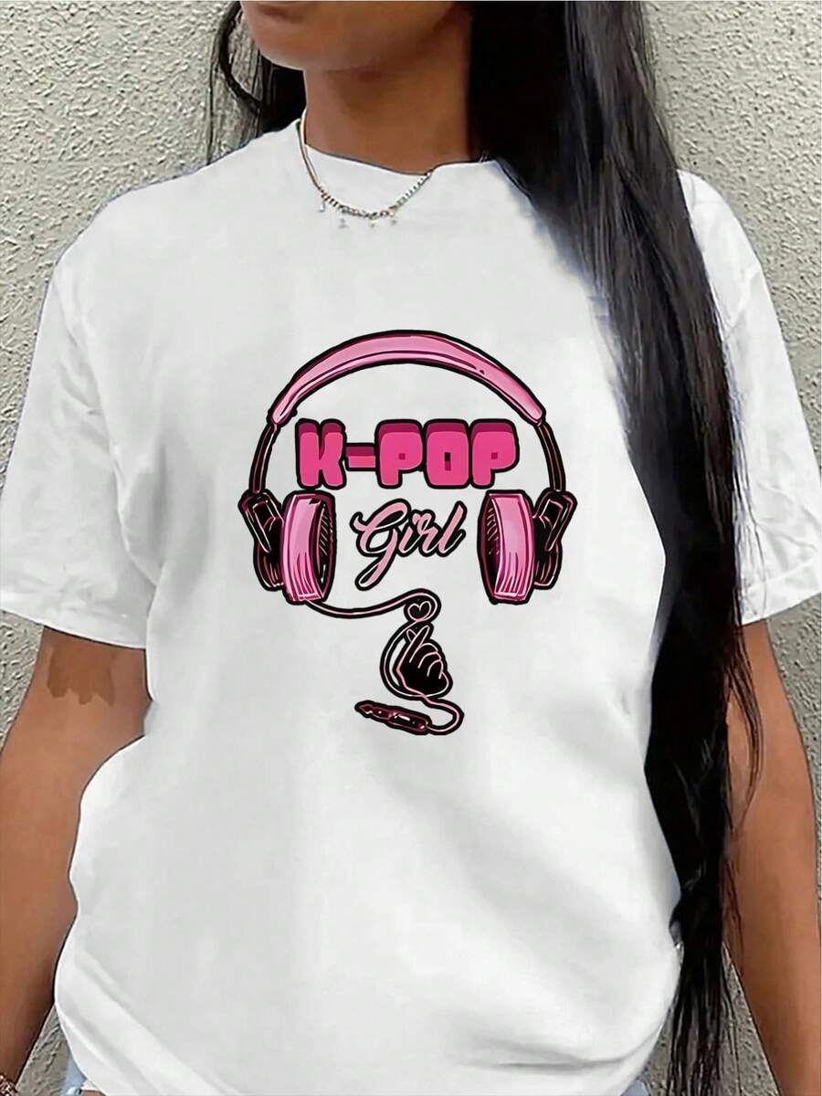 New 2026 Collection: Short-Sleeve Cotton T-Shirt For K-Fans, Lightweight And Durable Design, Perfect For Concerts, Parties, Or Casual Wear At Home Or A Cafe, Featuring A Pink Headphone Graphic And K-Fan Print - 白色 - 查看 1