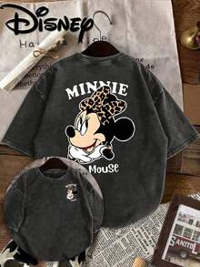 Disney Women's Products: Minnie Mouse Leopard Bow Cute Cartoon Characters Printed Before And After, Fashion Retro Short-Sleeved Imitation Old Round Neck Pure T-Shirt. Round Neck, Casual, Comfortable, Fashionable, Versatile, Disney Shirts, Couple Shirts, Plus Size Unisex, Holiday Gifts. - màu đen - Xem 1