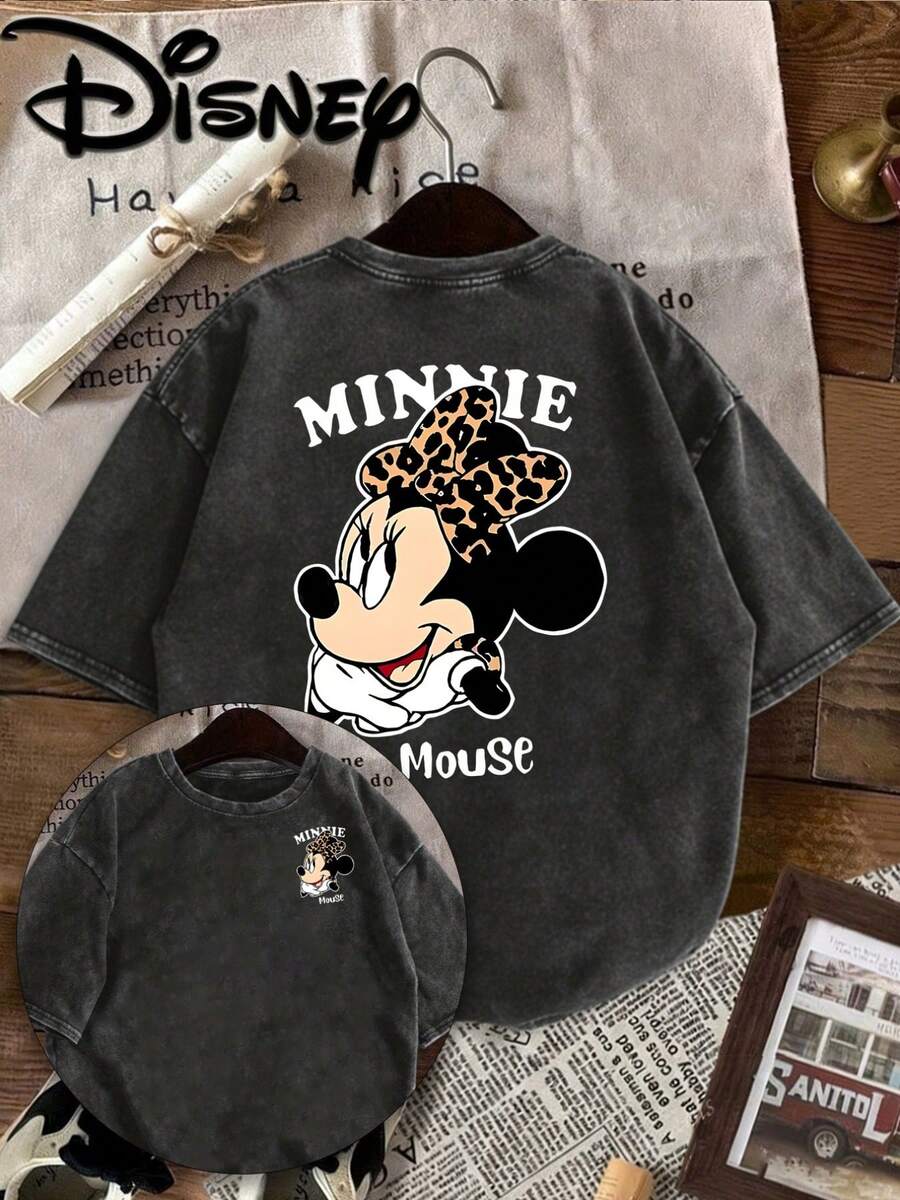 Disney Women's Products: Minnie Mouse Leopard Bow Cute Cartoon Characters Printed Before And After, Fashion Retro Short-Sleeved Imitation Old Round Neck Pure T-Shirt. Round Neck, Casual, Comfortable, Fashionable, Versatile, Disney Shirts, Couple Shirts, Plus Size Unisex, Holiday Gifts. - màu đen - Xem 1