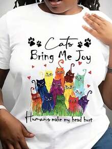 Women's Casual T-Shirt With Cat Print - Cat Cafe Slogan And Colorful Cartoon Cat Print, Summer T-Shirt, Loose Round Neck, Short Sleeve, Cat T-Shirt, Funny And Humorous Clothing, Comfortable Fabric - 白色 - 查看 6