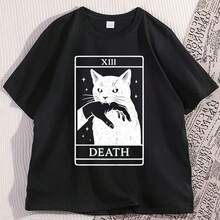 T-Shirt With Black Cat And Tarot Card Design, Retro T-Shirt With Death And Tarot Card Theme, Witch Cat T-Shirt, Scary Cat T-Shirt For Halloween, Casual Short Sleeve T-Shirt. - 黑色 - 查看 2