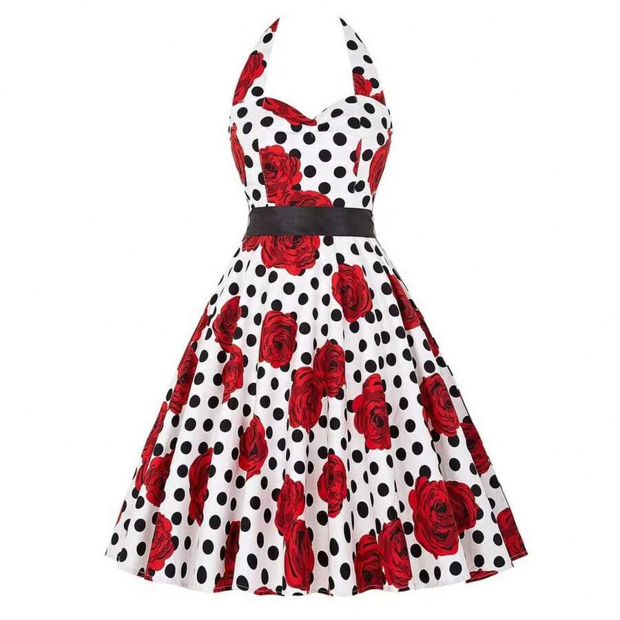 Vestido sexy retro blanco de lunares Hepburn Vintage Halter vestido de fiesta 50s 60s Pin Up Rockabilly Robe - C007 - Ver 1