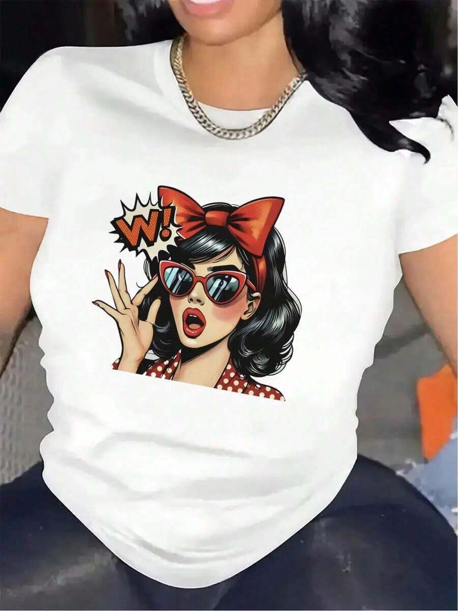 100% cotton Camiseta gráfica retro para mujer con diseño de pin-up - Suave camisa de poliéster con lazo rojo - Estilos casuales y formales inspirados en la década de 1950 - Camiseta retro para uso diario para mujeres, camisetas para señoras, ropa para restaurantes, tejido de estiramiento medio - Blanco - Ver 1